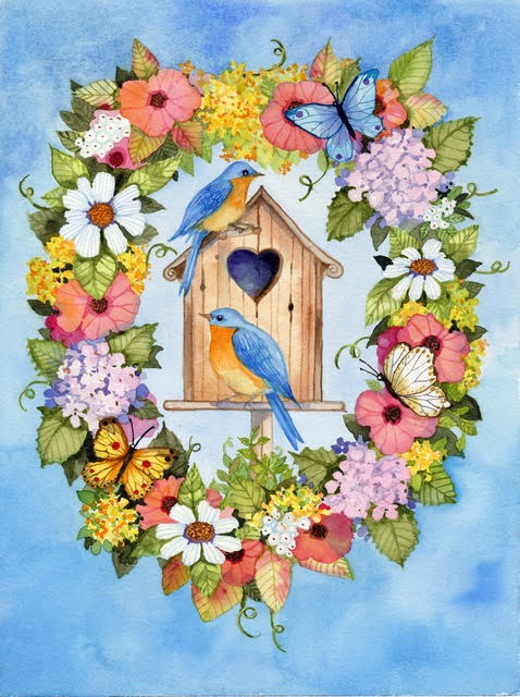 Watercolor painting of Birdhouse in the middle of a floral wreath
