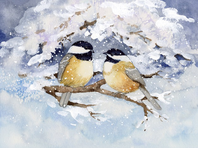 Watercolor painting of two birds on a branch in winter