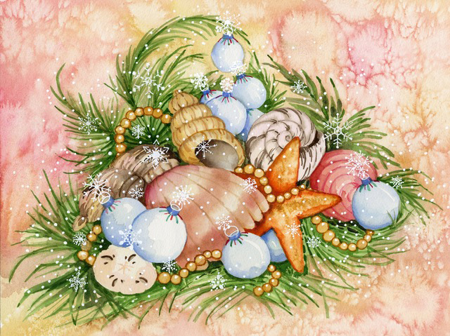 Watercolor painting of Winter Seashells with Ornaments