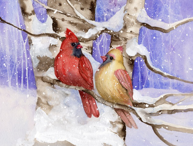 Watercolor painting of Winter Cardinals