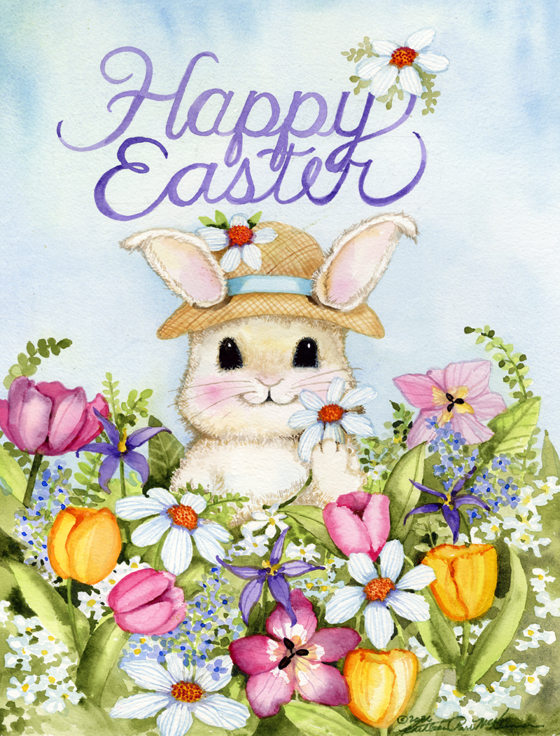 Watercolor painting of an Easter Bunny in spring flowers