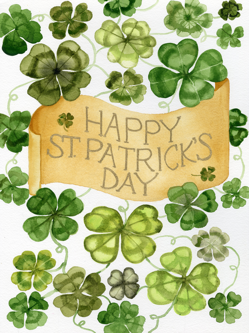 Watercolor painting of clovers and Happy St. Patricks Day sign